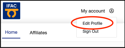 Account menu showing the Edit Profile option for IFAC Affiliates.