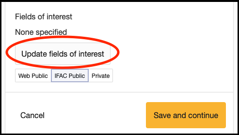 IFAC Affiliates profile page showing the Update fields of interest option.