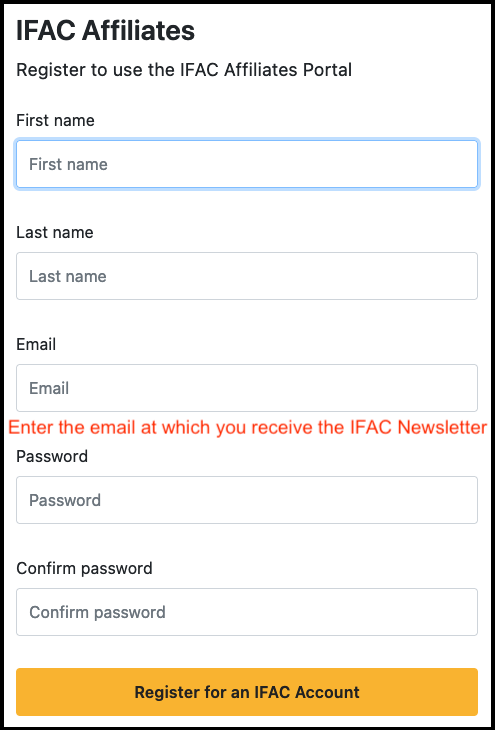 IFAC Affiliates registration form for creating a new IFAC account.