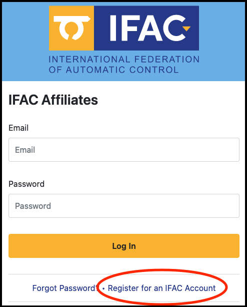 IFAC Affiliates login page with a link to register for an IFAC account.