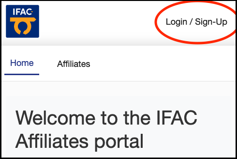 Sign Up and Login screens for the IFAC Affiliate portal.