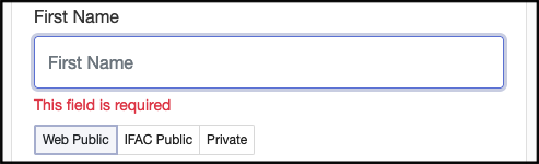 IFAC Affiliates profile field with Web Public, IFAC Public, and Private visibility options.